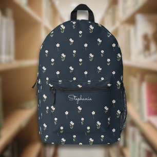 Mochila Impresa Nombre Flor Silvestre Boho Floral Tonto Azul Oscur