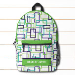 Mochila Impresa Nombre Geométrico Personalizado Resumen Moderno<br><div class="desc">La mochila de nombre personalizado de patrón geométrico abstracto moderno presenta un diseño geométrico moderno en verde y púrpura sobre un fondo blanco con su nombre,  monograma o texto personalizado. Perfecto para la escuela,  deportes,  gimnasia,  viajes y más. Diseñado por ©Evco Studio www.zazzle.com/store/evcostudio</div>