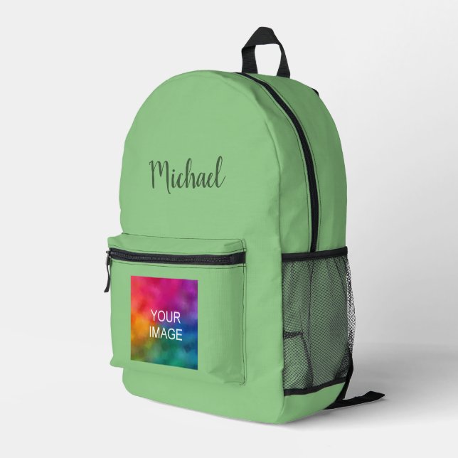 Mochila Impresa Nombre manuscrito Personalizado Sage Color sólido  (Esquina derecha trasera )