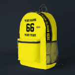 Mochila Impresa Nombre negro amarillo personalizado, número, depor<br><div class="desc">Crea tu propia mochila impresa de estilo de fútbol deportivo amarillo personalizado con nombre, número, nombre del equipo, lema y año. Personalice esta sencilla y clásica plantilla de mochila impresa con su mensaje personalizado, nombre, nombre del equipo y año. Fácilmente lo personaliza para un deporte fresco. Crea tu exclusivo regalo...</div>