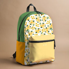Mochila Impresa Nombre personal del jardín floral amarillo inicial