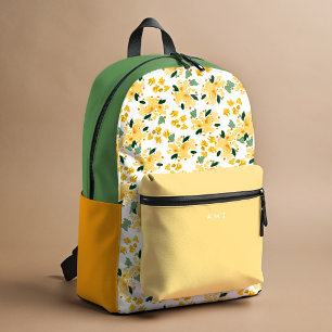 Mochila Impresa Nombre personal del jardín floral amarillo inicial