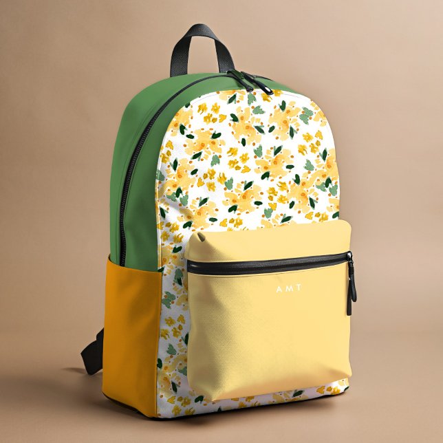Mochila Impresa Nombre personal del jardín floral amarillo inicial (Yellow and green watercolor Floral Garden personalized school backpack.)