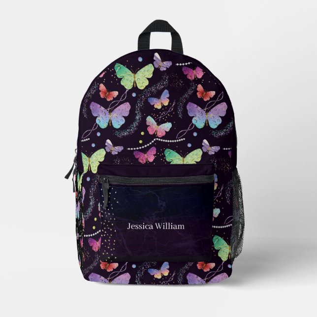 Mochila Impresa Nombre personal Elegante Morado Brillante Mariposa (Anverso)