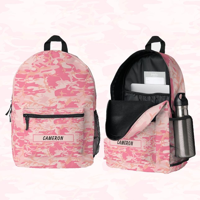 Mochila Impresa Nombre personalizado Camuflaje rosa claro (Personalized Name Light Pink Camouflage Printed Backpack)