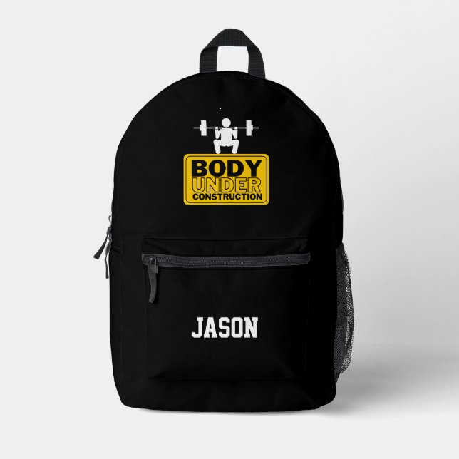 Mochila Impresa Nombre personalizado de cuerpo bajo construcción (Anverso)