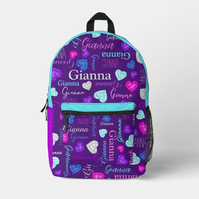 Mochila Impresa Nombre personalizado de diamante acuático púrpura  (Anverso)