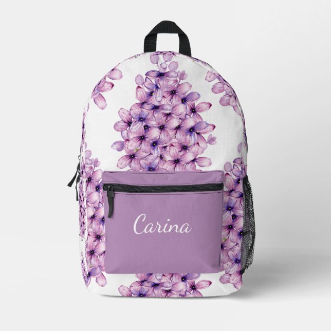 MOCHILA IMPRESA NOMBRE PERSONALIZADO DEL PATRÓN DE FLORES DE LILAC (Anverso)
