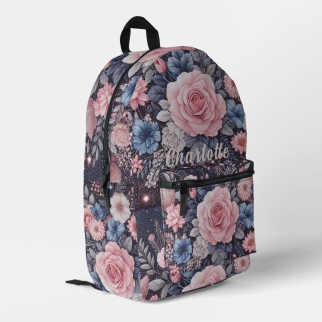 Mochila Impresa Nombre personalizado Flores de Purpurina rosa azul (Esquina izquierda trasera)