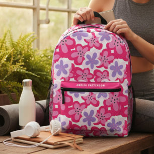 Mochila Impresa Nombre personalizado moderno de flor rosada tropic