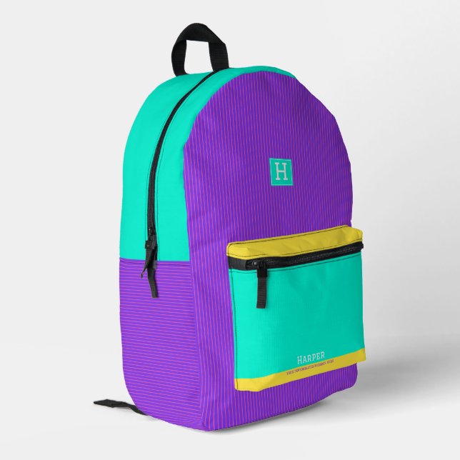 Mochila Impresa Nombre personalizado moderno morado verde y amaril (Esquina izquierda trasera)