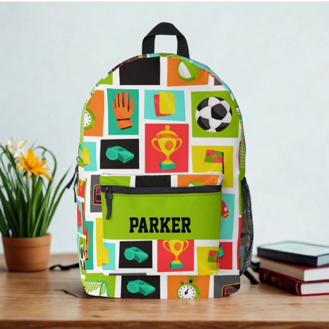 Mochila Impresa Nombre personalizado moderno Patrón de fútbol negr (Modern custom name soccer football pattern black backpack)