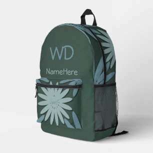 Mochila Impresa Nombre personalizado Monograma Flores azules verde