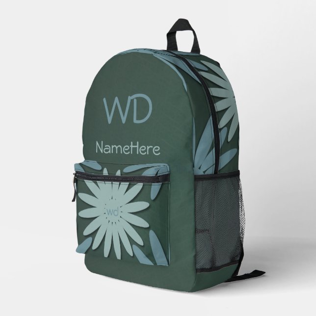 Mochila Impresa Nombre personalizado Monograma Flores azules verde (Esquina derecha trasera )