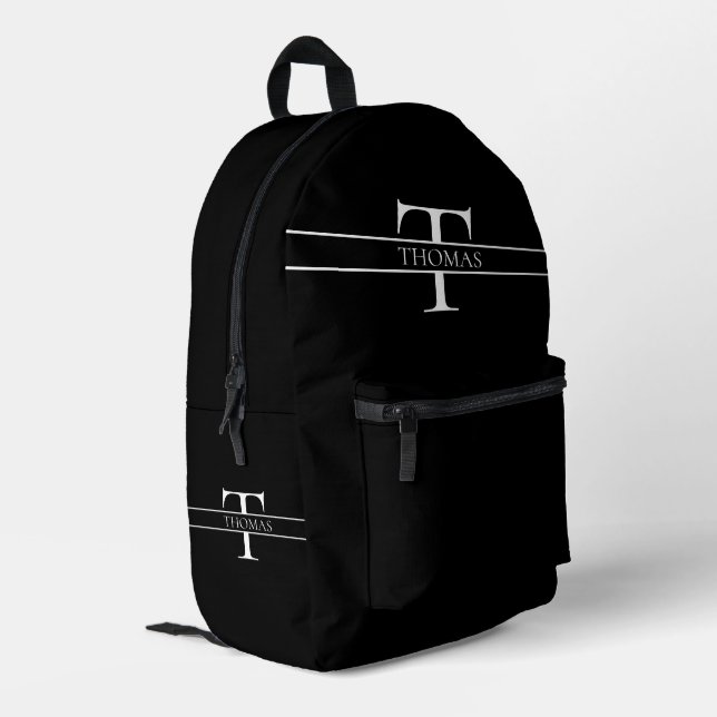 Mochila Impresa Nombre personalizado monogramado elegante negro (Esquina izquierda trasera)