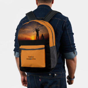 Mochila Impresa nombre personalizado para golfista al atardecer