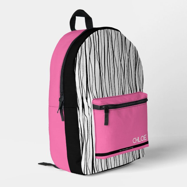 Mochila Impresa Nombre personalizado rosa y negro moderno (Esquina izquierda trasera)