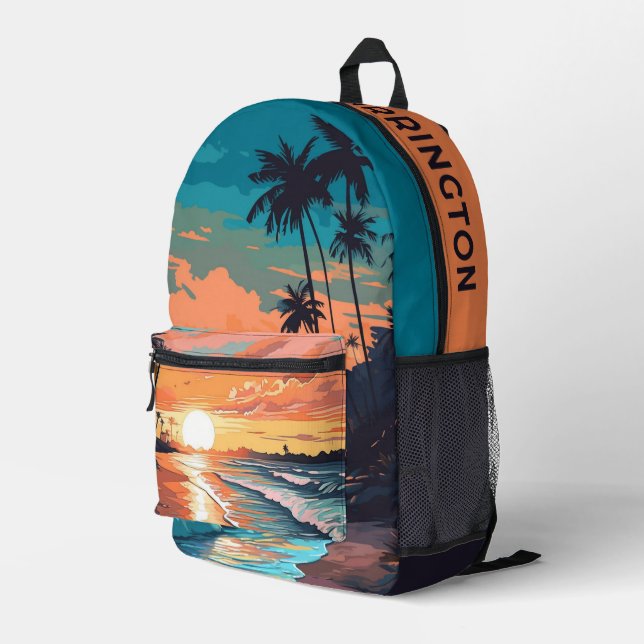Mochila Impresa Nombre personalizado Sunset de playa tropical (Esquina derecha trasera )