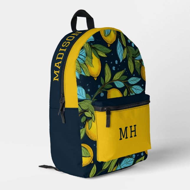 Mochila Impresa Nombre personalizado y patrón monograma de limón (Esquina izquierda trasera)