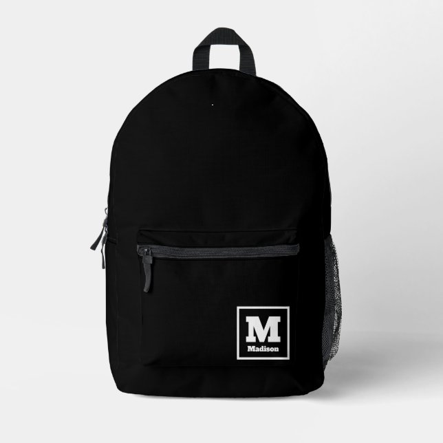 Mochila Impresa Nombre simple del monograma retro clásico negro y  (Anverso)