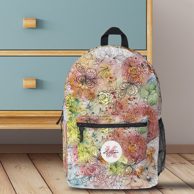 Mochila Impresa Nombre y monograma de doodle floral de tinta de ag (Subido por el creador)