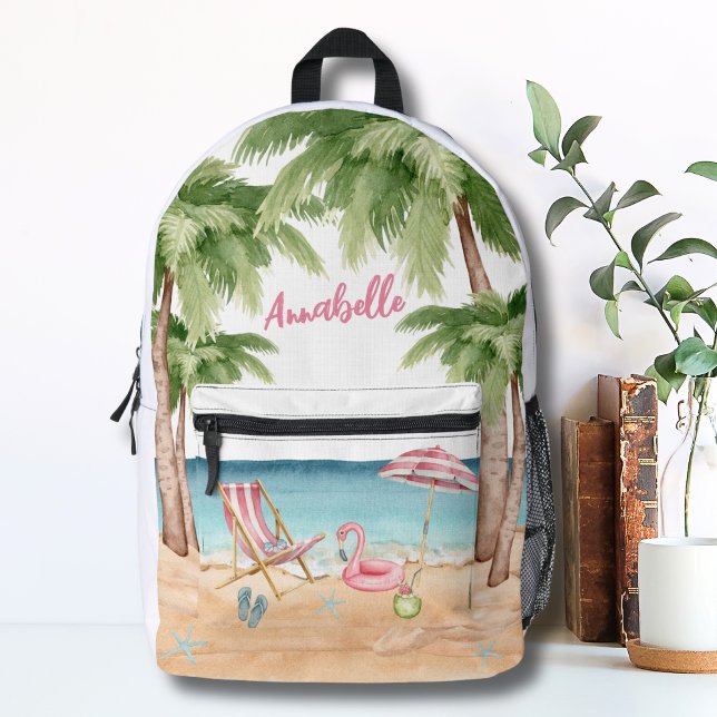 Mochila Impresa Nombres de niñas de playa tropical lindas (Colorful Cute Girly Tropical Watercolor Beach Printed Backpack)