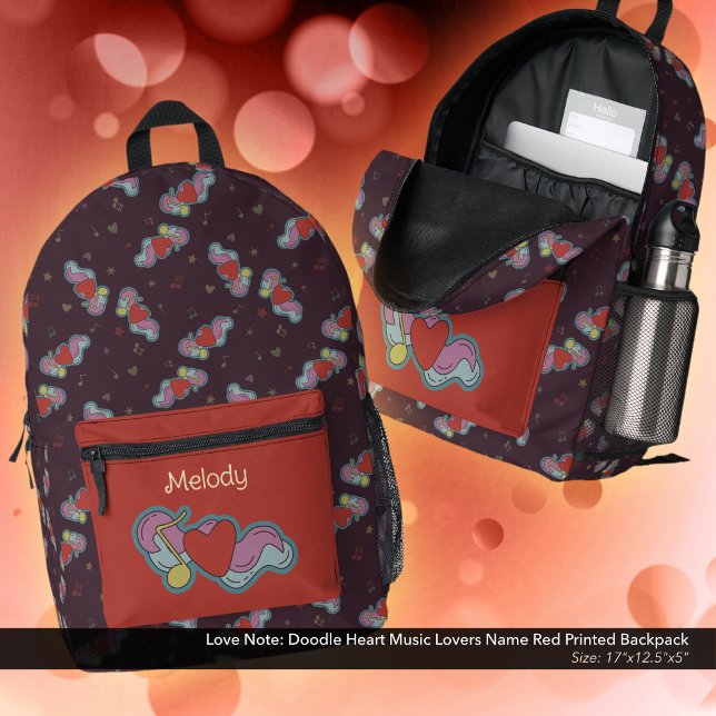 Mochila Impresa Nota de amor: Los amantes de la música Doodle Hear (Love Note Doodle Design Backpack: Personalized with Owner's Name - Red Accent Color)