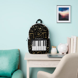 Mochila Impresa Notas musicales y claves de piano negro y oro