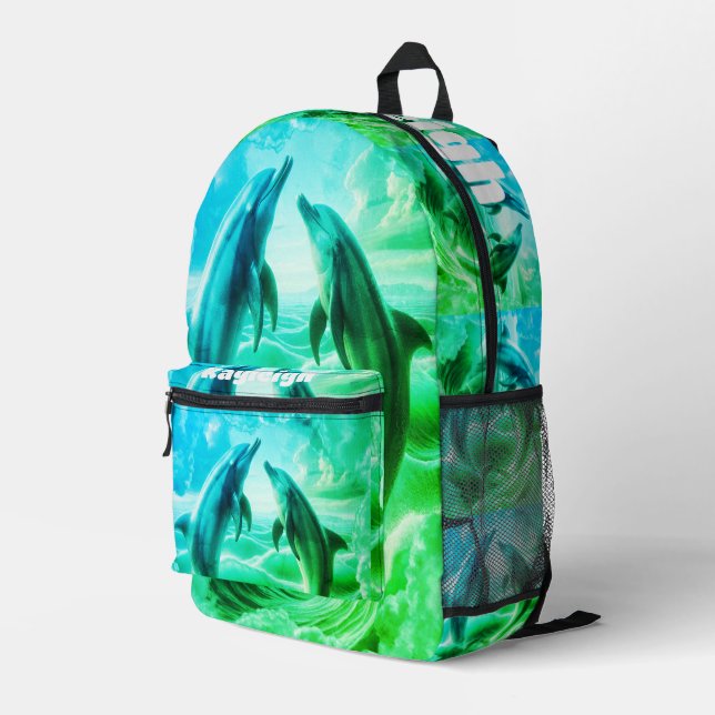 Mochila Impresa Océano de delfines verdes y azules monogramas | (Esquina derecha trasera )
