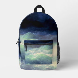 Mochila Impresa Olas del Océano Mar Tempestuoso Azul Melancólico