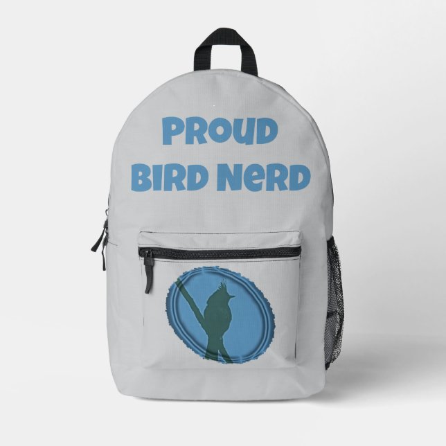 Mochila Impresa Orgulloso pájaro Nerd Blue Gray Silhouette Birder (Anverso)