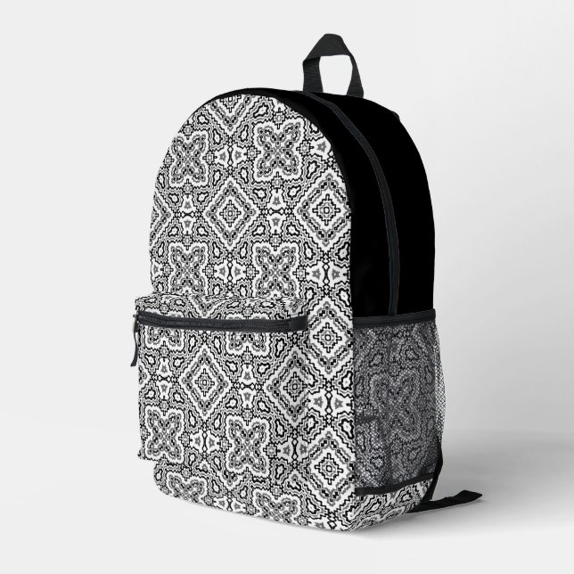 Mochila Impresa ornamento de patrones étnicos geométricos blanco y (Esquina derecha trasera )