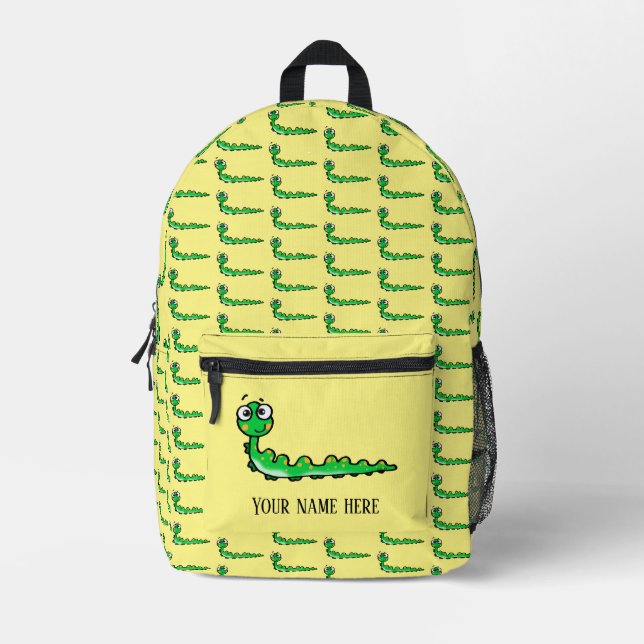 Mochila Impresa oruga verde lindo (nombre) (Anverso)