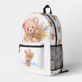 Mochila Impresa Oso de peluche de nombre personalizado con flores