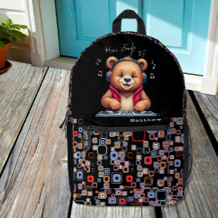 Mochila Impresa Oso Grizzly Feliz, DJ Sonriente, Jungla de Música