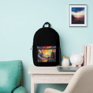 Mochila Impresa Pagoda y paisaje colorido
