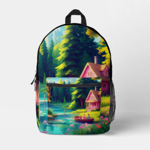 Mochila Impresa Paisaje natural con cabaña rosa-68884