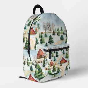 Mochila Impresa Paisaje rústico de invierno acuarela con árboles f