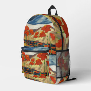 Mochila Impresa Paisaje Surrealista Modernista con Amapolas Rojas