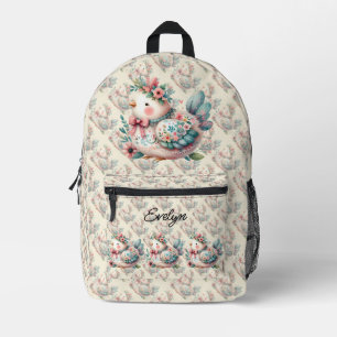Mochila Impresa Pájaro Folk Floral con Encanto Boho Pastel