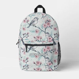 Mochila Impresa Pájaros Turquesa Elegantes Flor de Cerezo Rosa