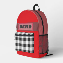 Mochila Impresa Parche Cosido de Monograma Rojo Lindo Plaid Buffal