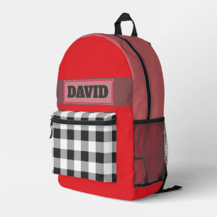 Mochila Impresa Parche Cosido de Monograma Rojo Lindo Plaid Buffal