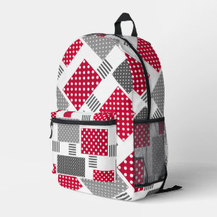 Mochila Impresa parche gris rojo de lunares sobre fondo blanco