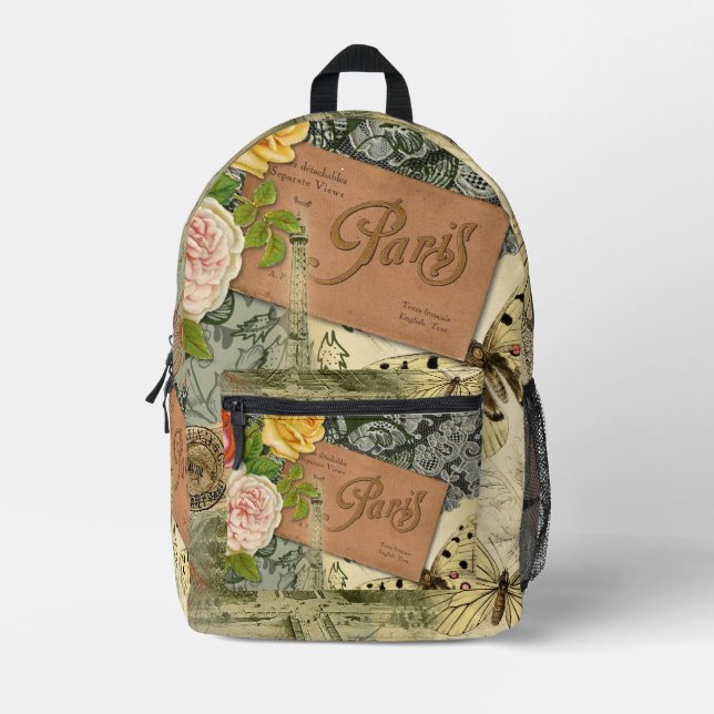 Mochila Impresa París Francia Collage de arte antiguo Eiffel Franc (Anverso)