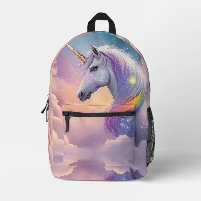 Mochila Impresa Parques mágicos de unicornio blanco Purpurina arco (Anverso)