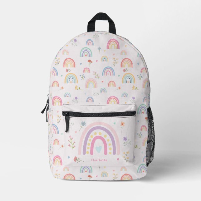 Mochila Impresa Pastel Rainbows Girly Wildflowers & Hearts School (Anverso)