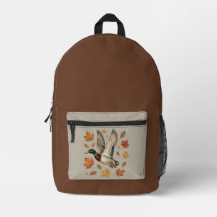 Mochila Impresa Pato silbón volador vintage con hojas de otoño
