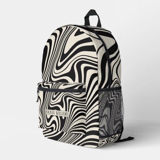 Mochila Impresa Patrón abstracto de giro negro retro (Esquina derecha trasera )