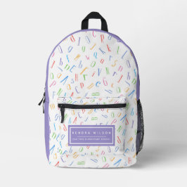 Mochila Impresa Patrón alfabético de corte _ blanco y púrpura